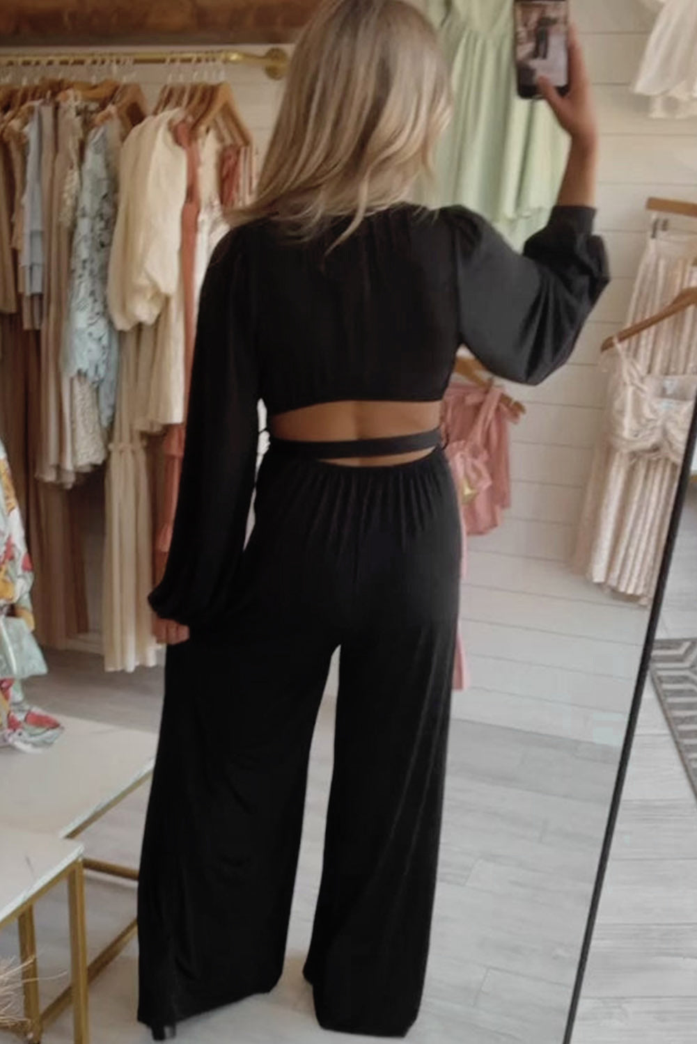 Cutout Back Deep V Belted Wide Leg Jumpsuit