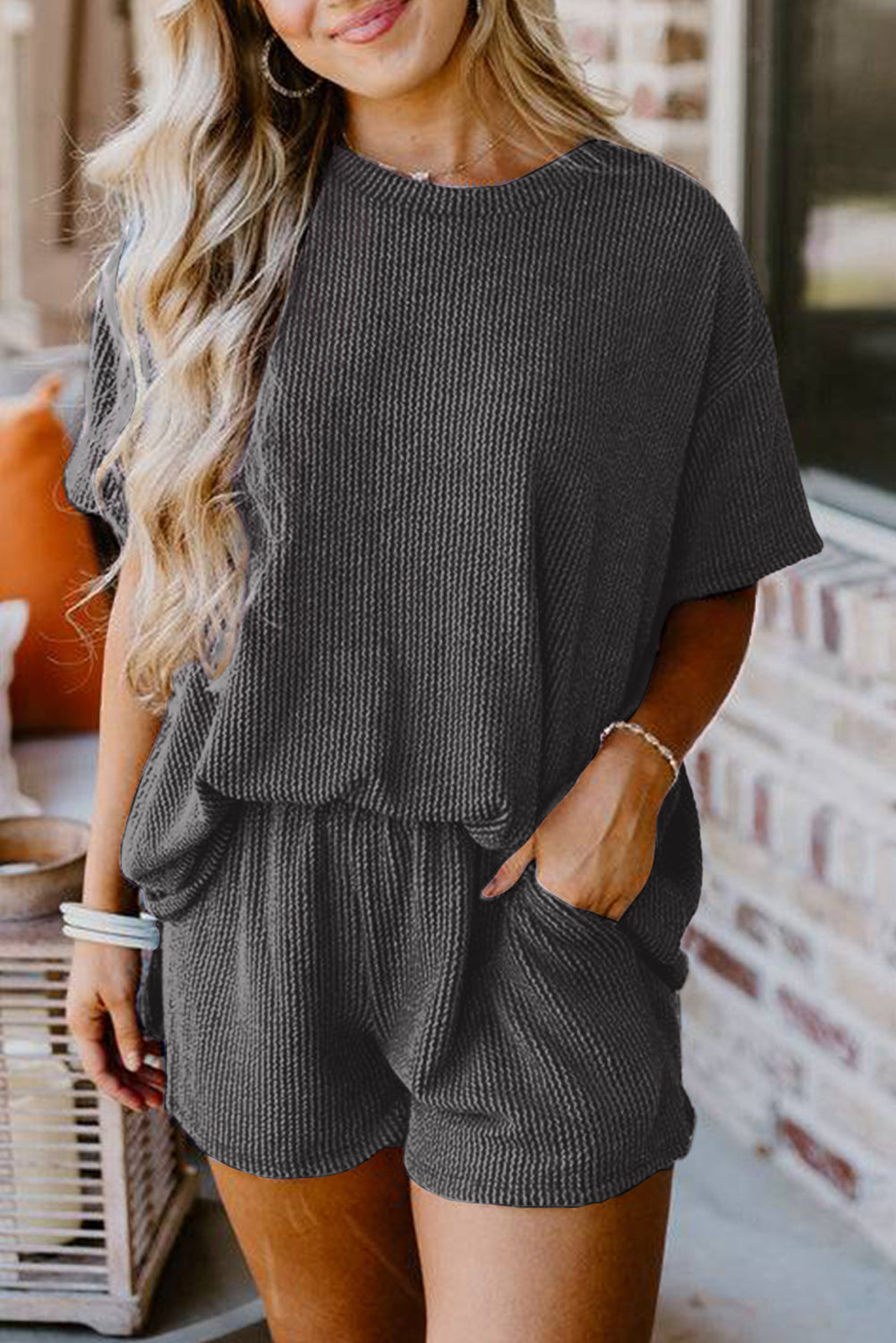 Orange Ribbed Textured Loose Fit Tee & Shorts Set