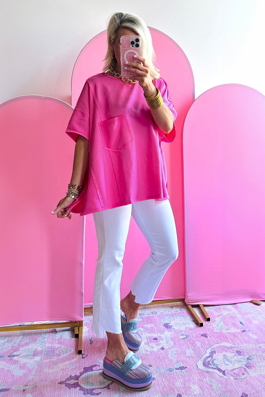 Bright Pink Patched Pocket Exposed Seam Oversized T Shirt