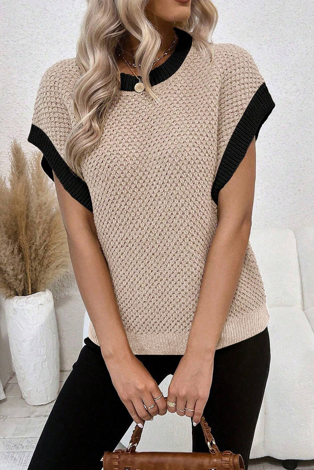 Light Beige Contrast Trim Batwing Sleeve Knitted Top