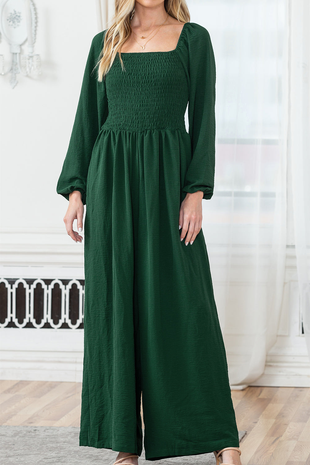 Smocked Square Neck Long Sleeve Wide Leg Jumpsuit