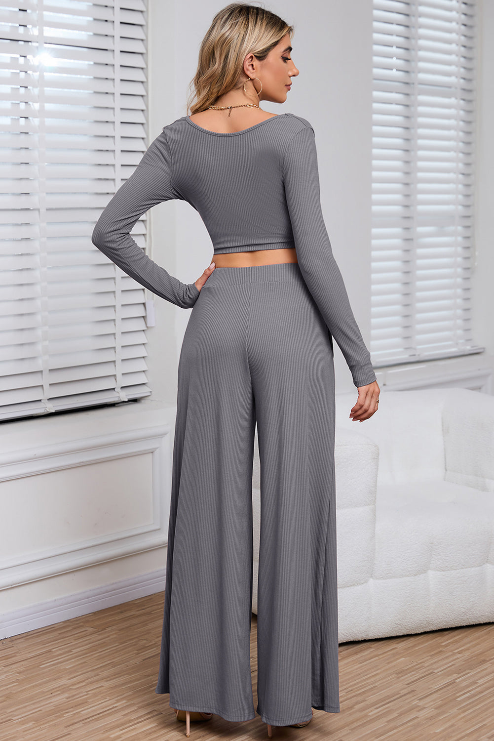 Black Plain Ribbed Crop Top & Wide Leg Pants Two Piece Pants Set