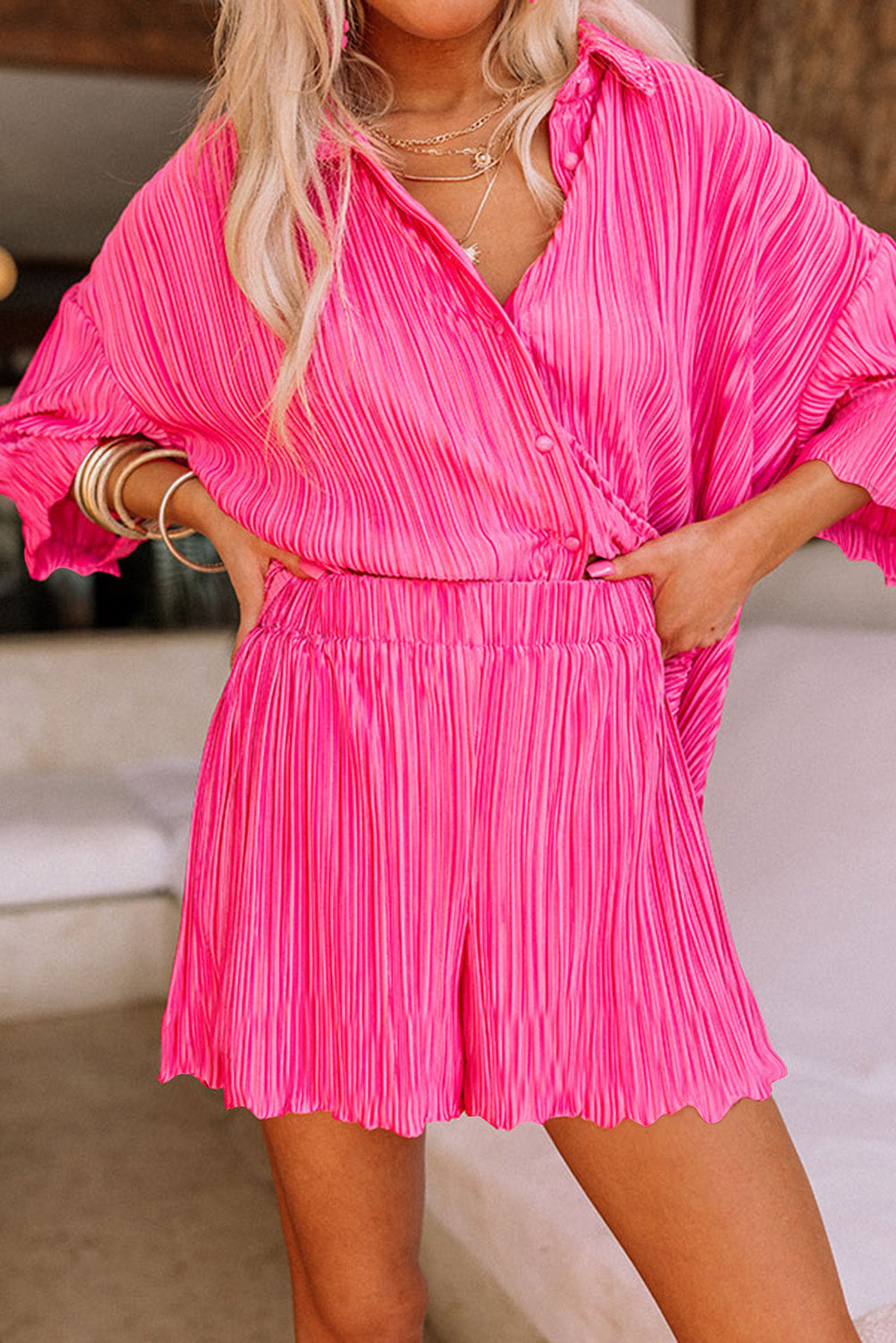 Rose Pleated Button Up Shirt and High Waisted Shorts Loungewear Set