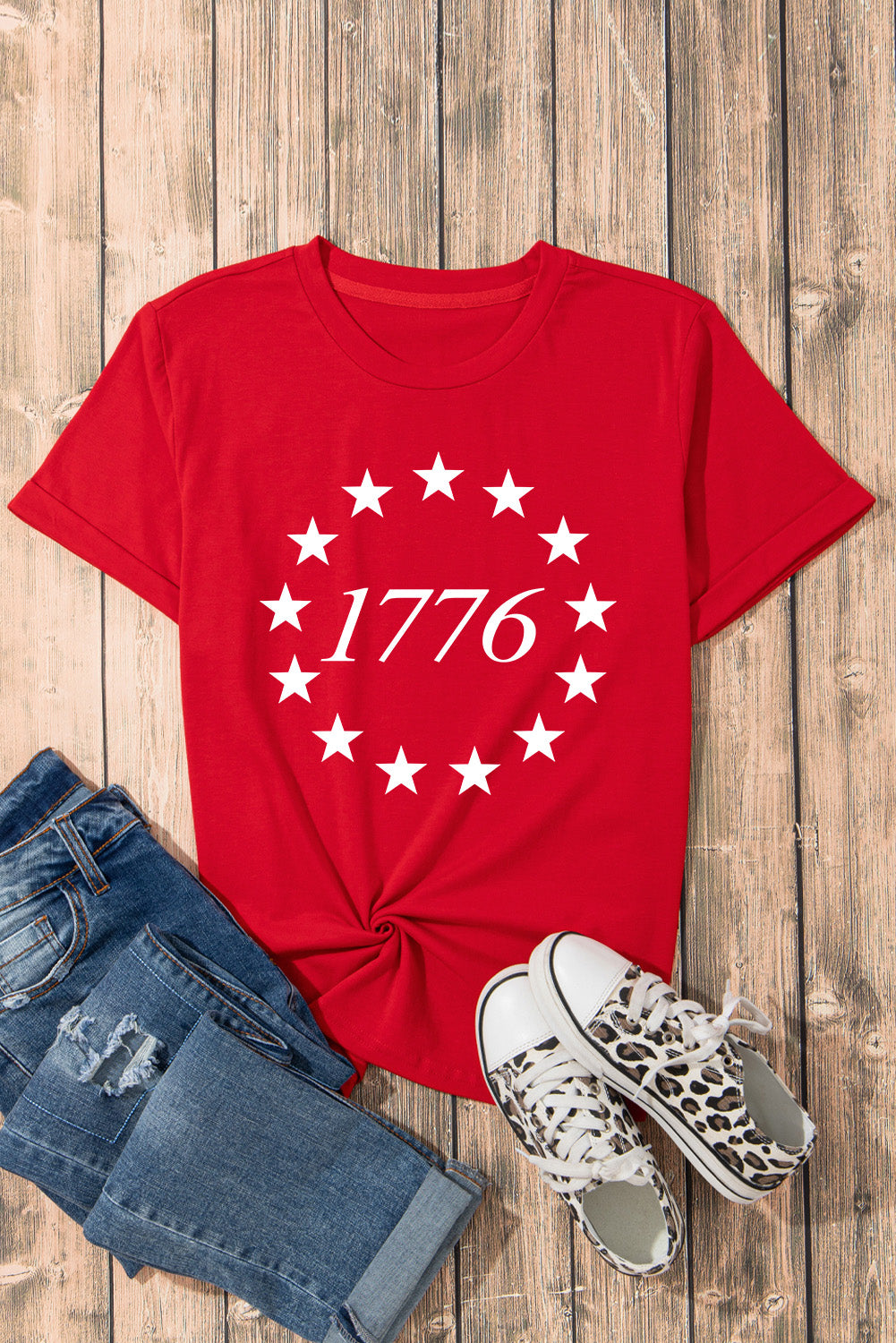 Flag Day Star 1776 Graphic Crewneck T Shirt