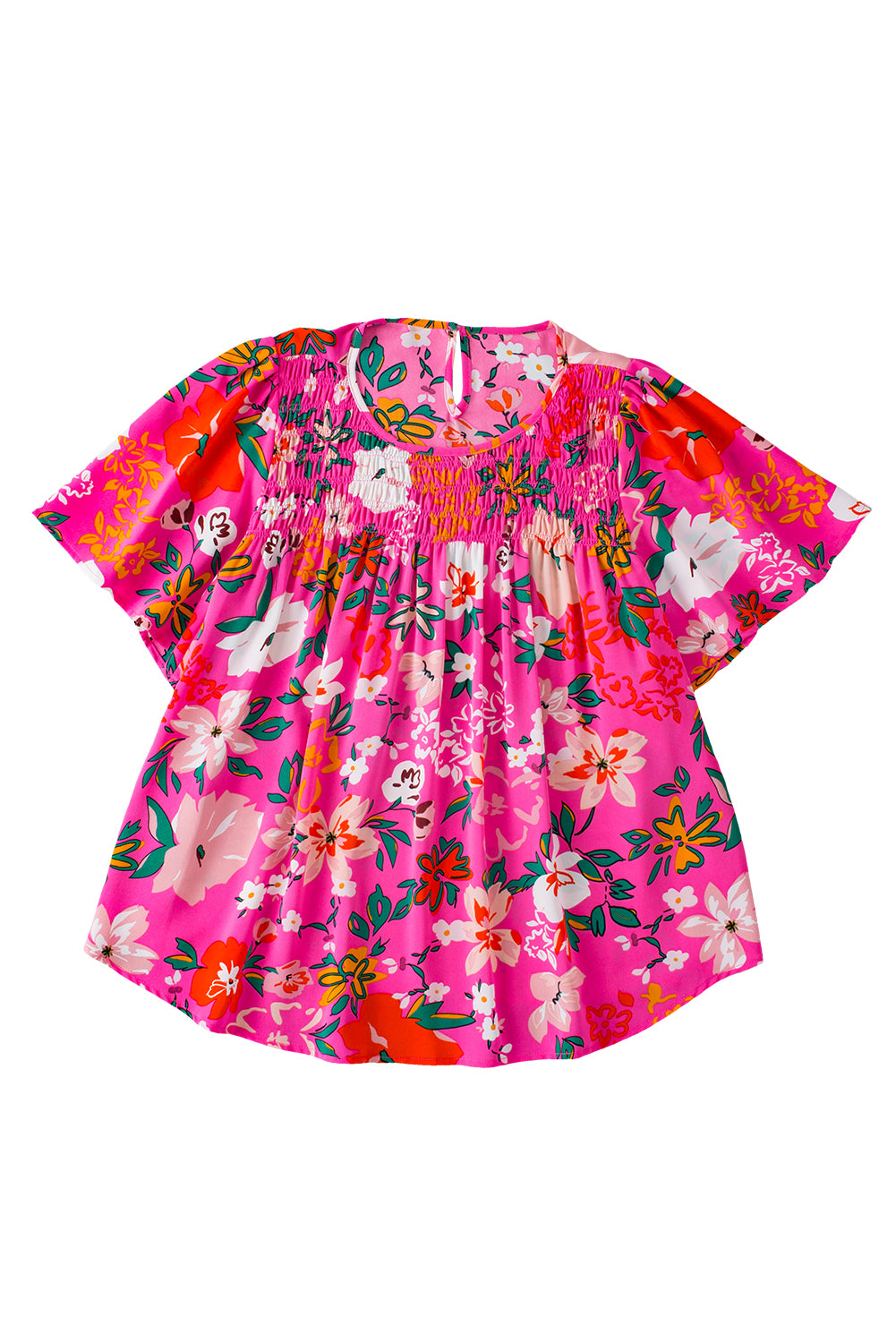 Pink Floral Print Flounce Sleeve Smocked Blouse