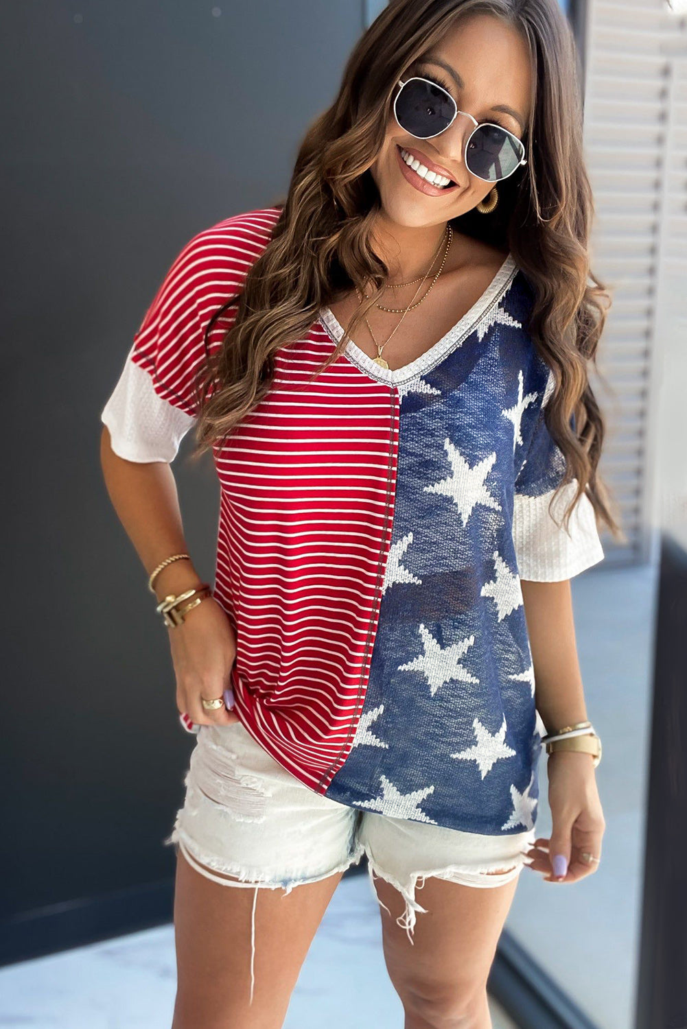 Dark Blue Stripes Stars Print Knit V Neck Short Sleeve Top