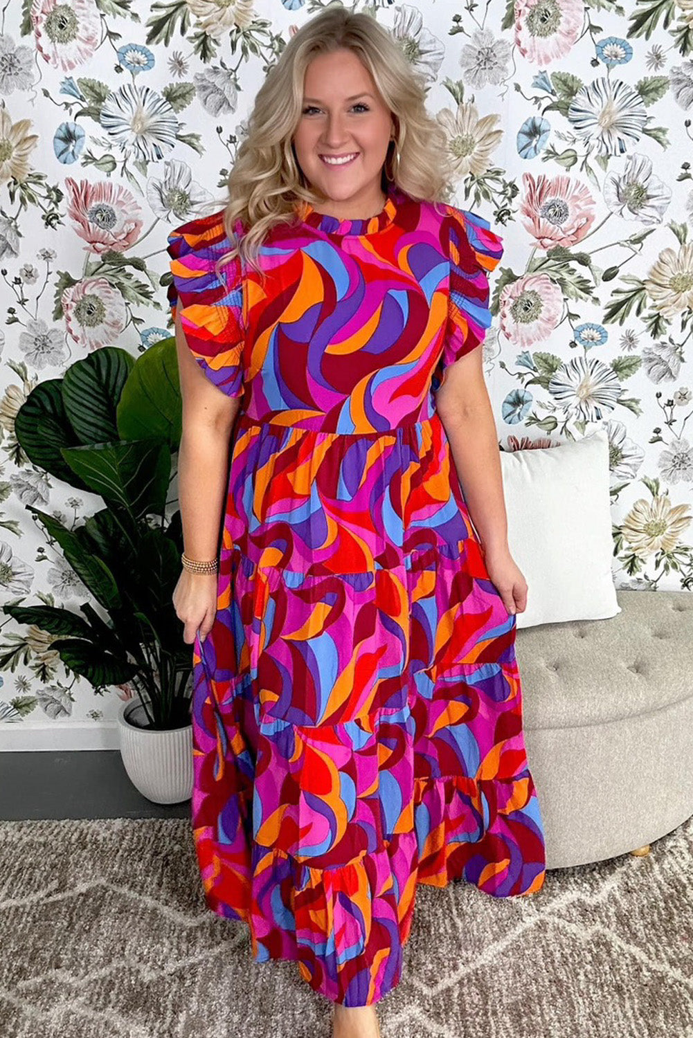 Multicolour Plus Abstract Print Frill Mock Neck Tiered Maxi Dress