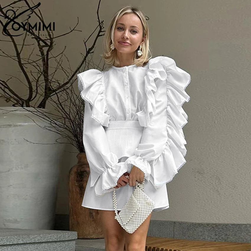 Oymimi Fashion Loose White Cotton 2 Piece Sets Women Outfit Elegant Ruffle Long Sleeve Girdle Single Breasted Mini Dress Set