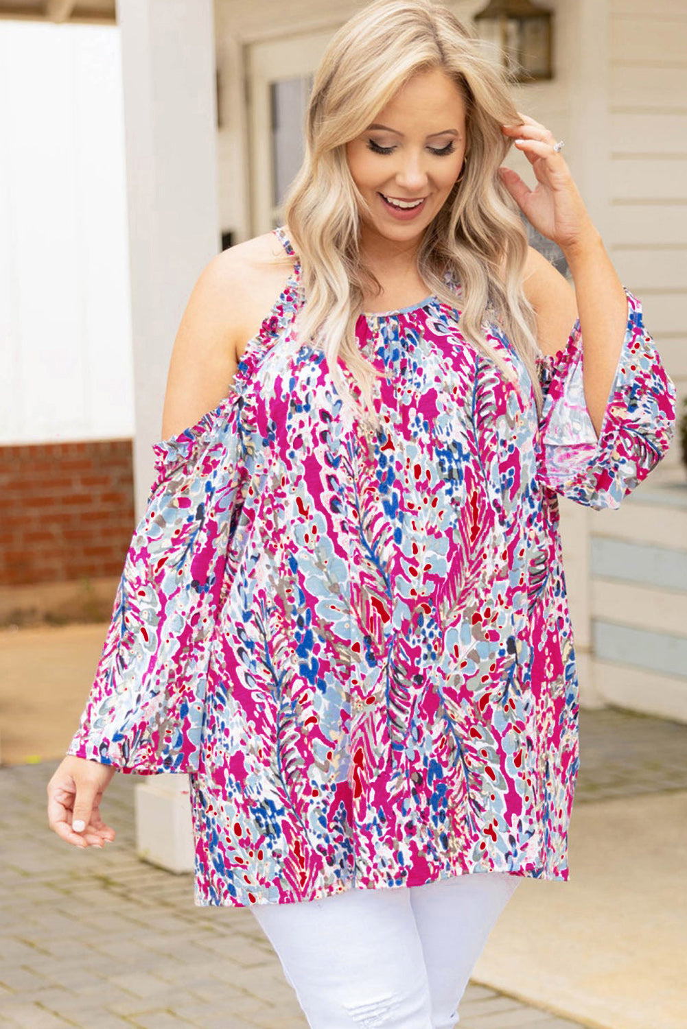 Pink Abstract Print Boho Cold Shoulder Plus Size Top
