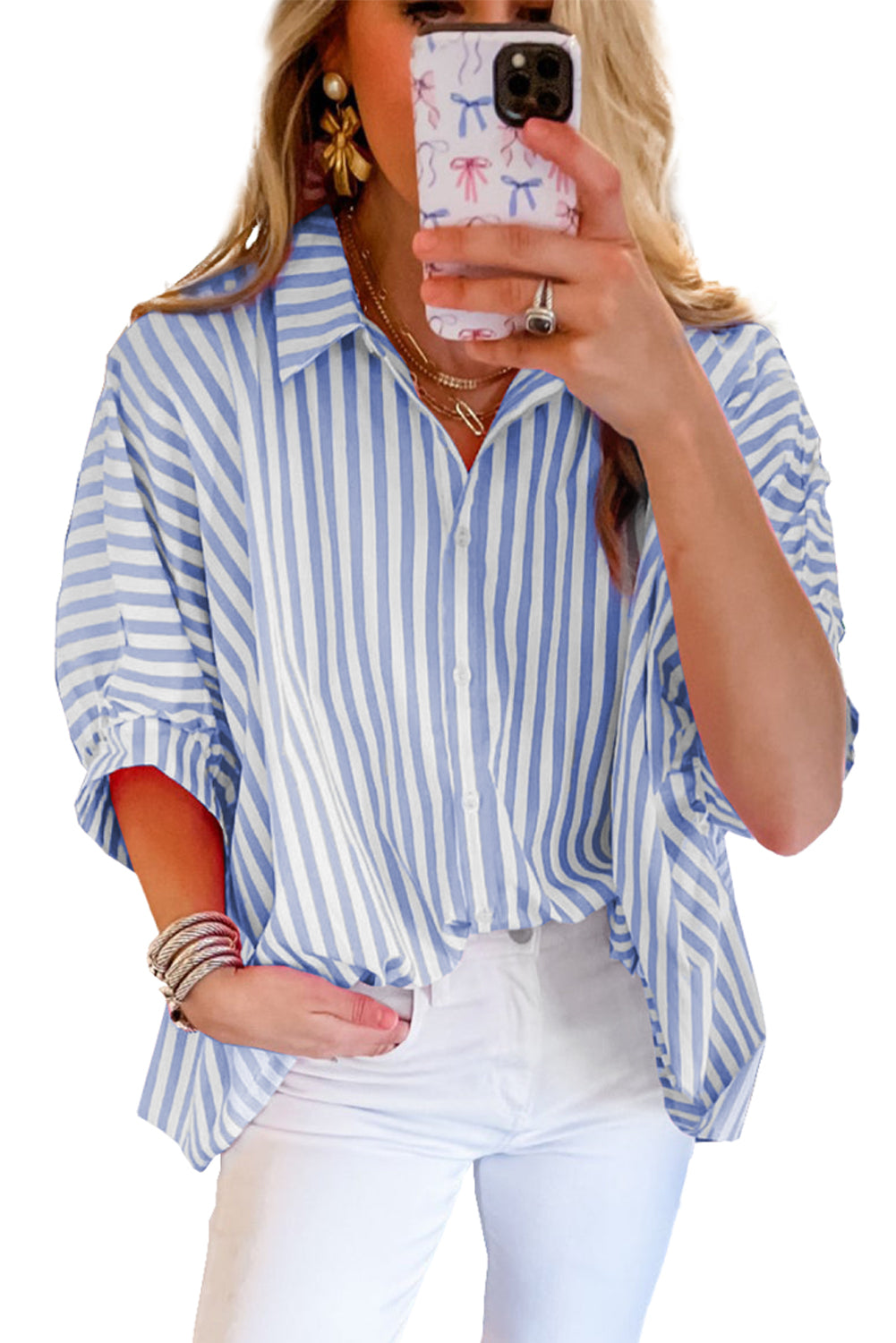 Pink Stripe Button Up Dolman Shirt