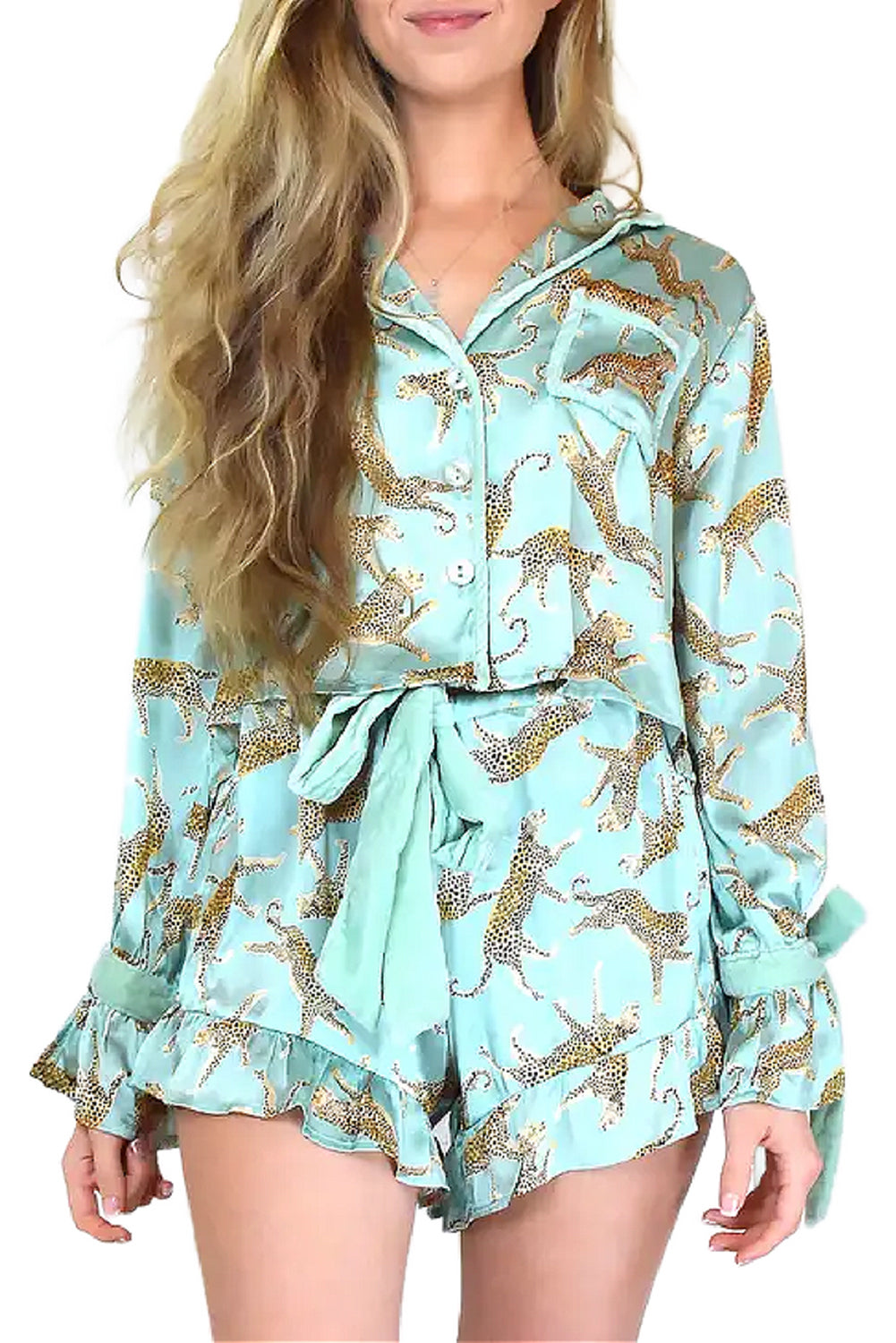 Green Leopard Satin Ruffle Hem Pajama Set