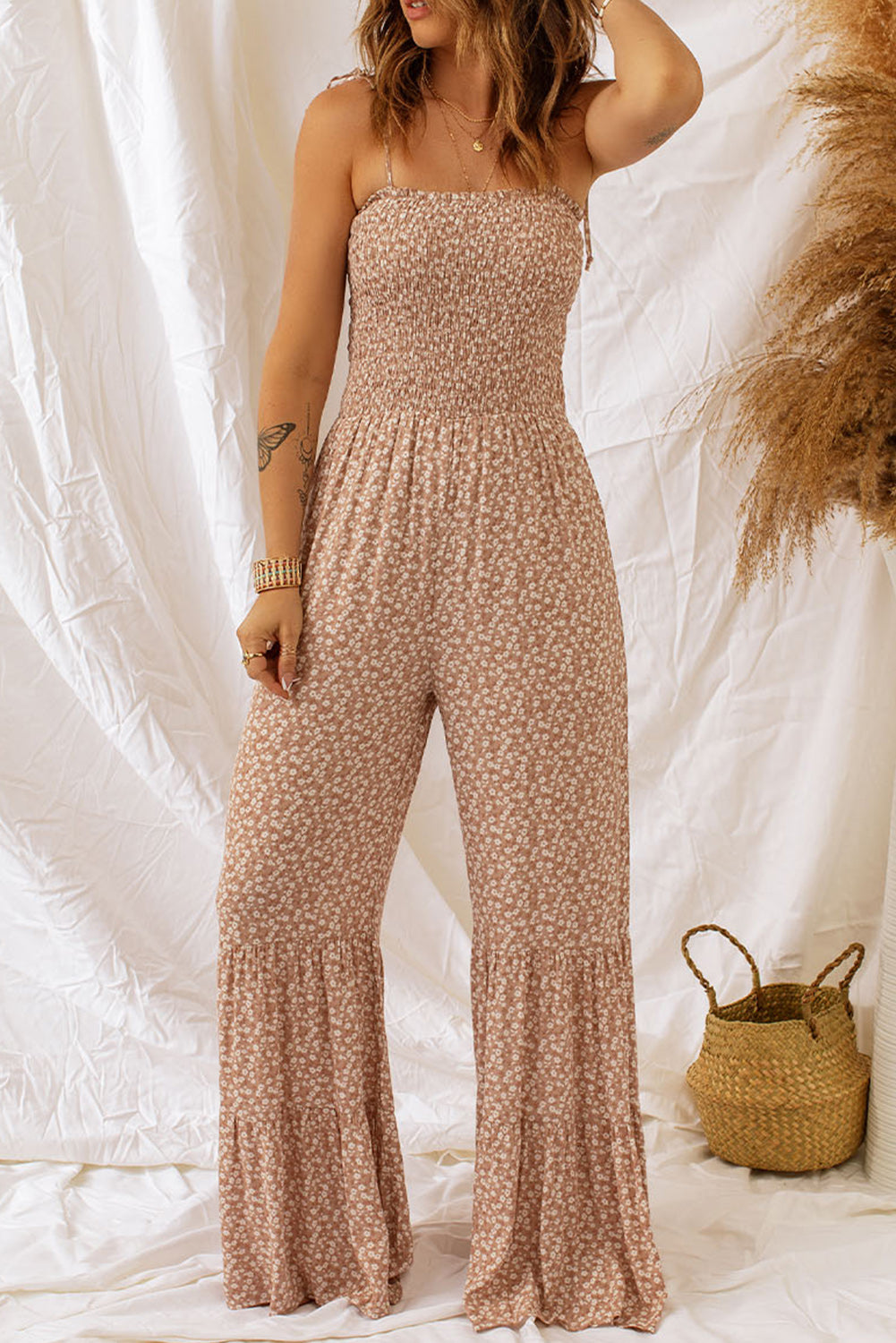 Floral Thin Straps Smocked Bodice Wide Leg Jumpsuit