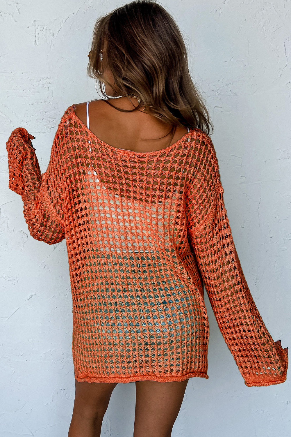 Orange Knit Cut Out Crochet Long Sleeve Tunic Top