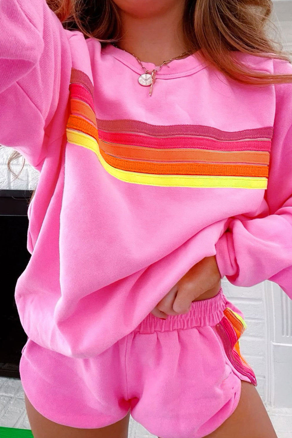 Bonbon Colorful Striped Long Sleeve Pullover and Shorts Set