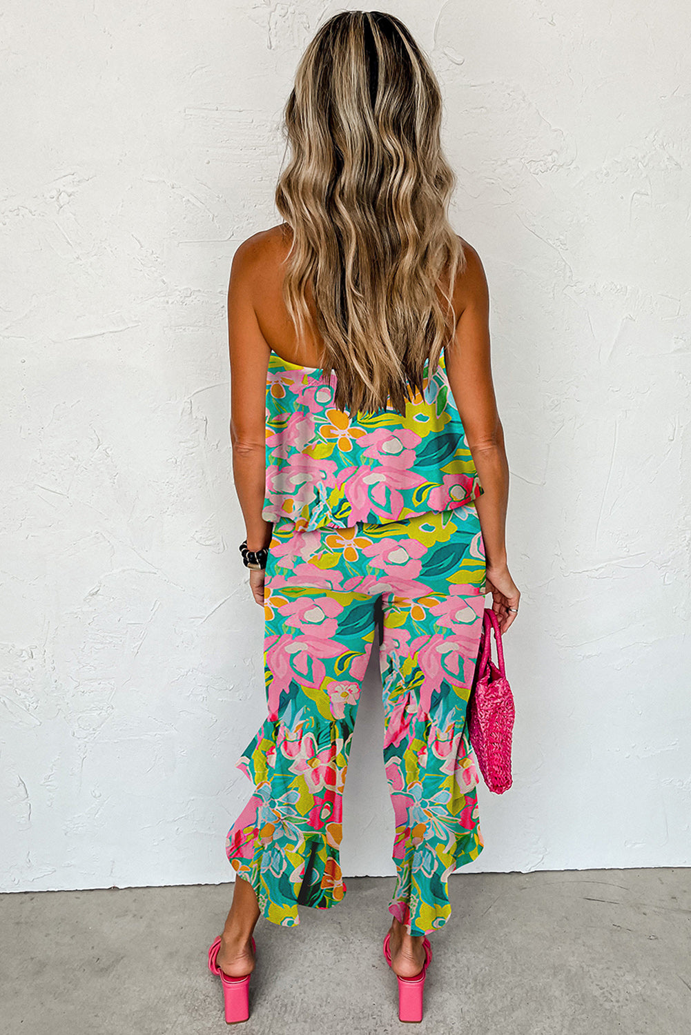 Tropical Print Strapless Ruffle Jumpsuit