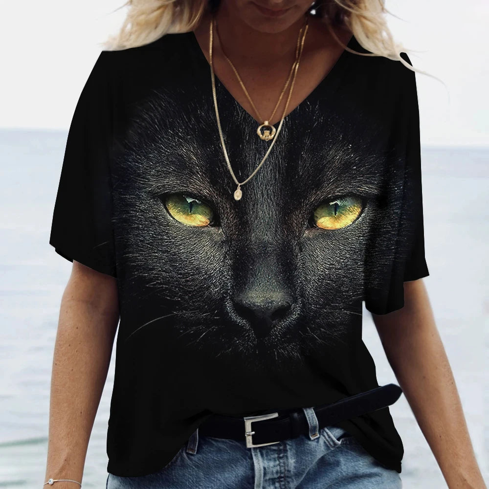 Kawaii Cat Graphic T Shirt For Women Painting Print Harajuku Short Sleeve Tops Summer V-Neck Pullover Female Loose Clothing Tees