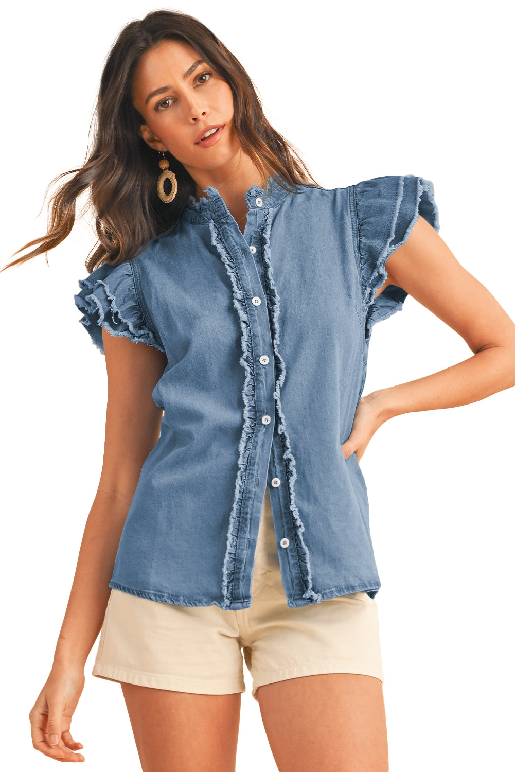 Totally Feeling Blue Ruffled Flutter Frayed Denim Top