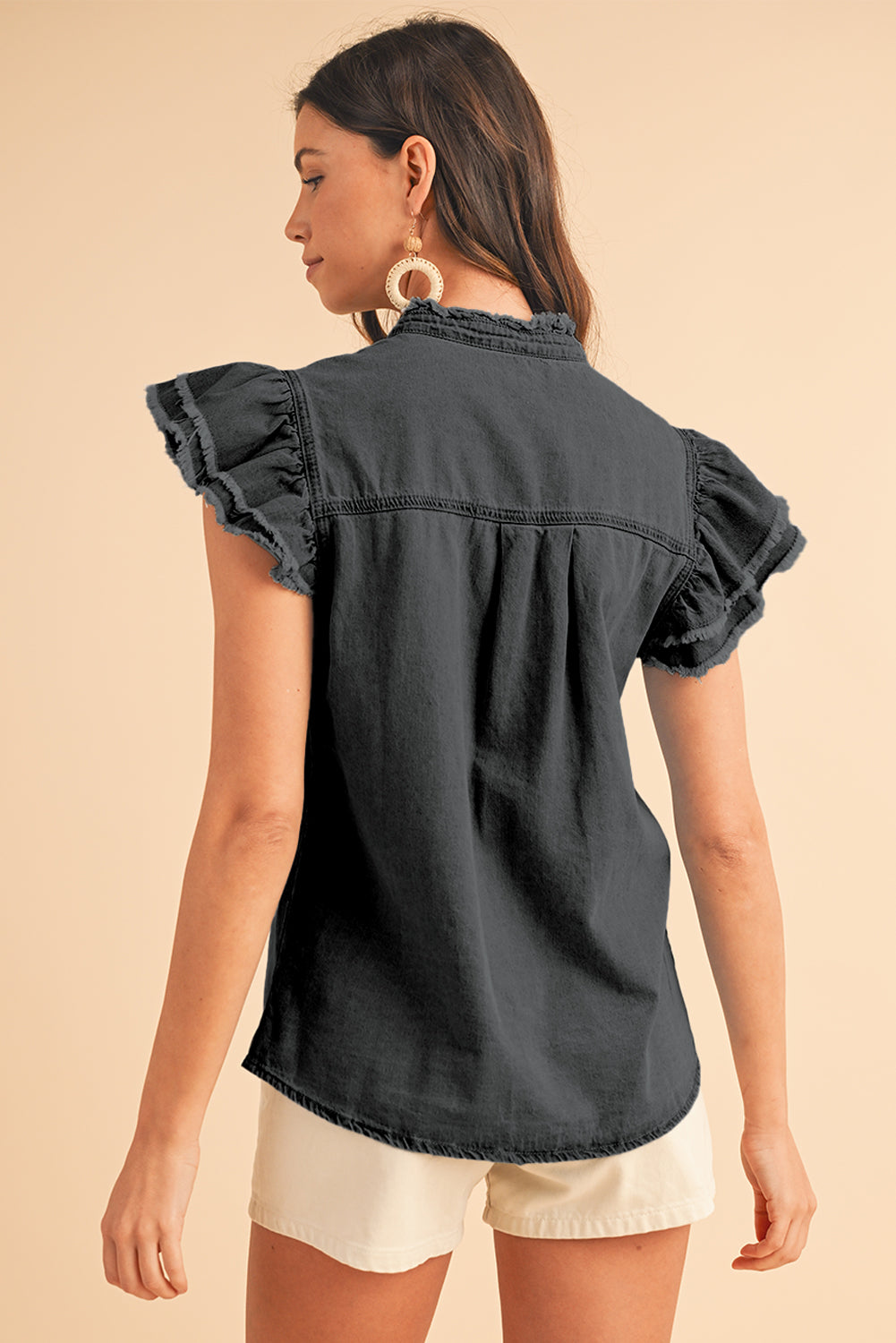 Totally Feeling Blue Ruffled Flutter Frayed Denim Top