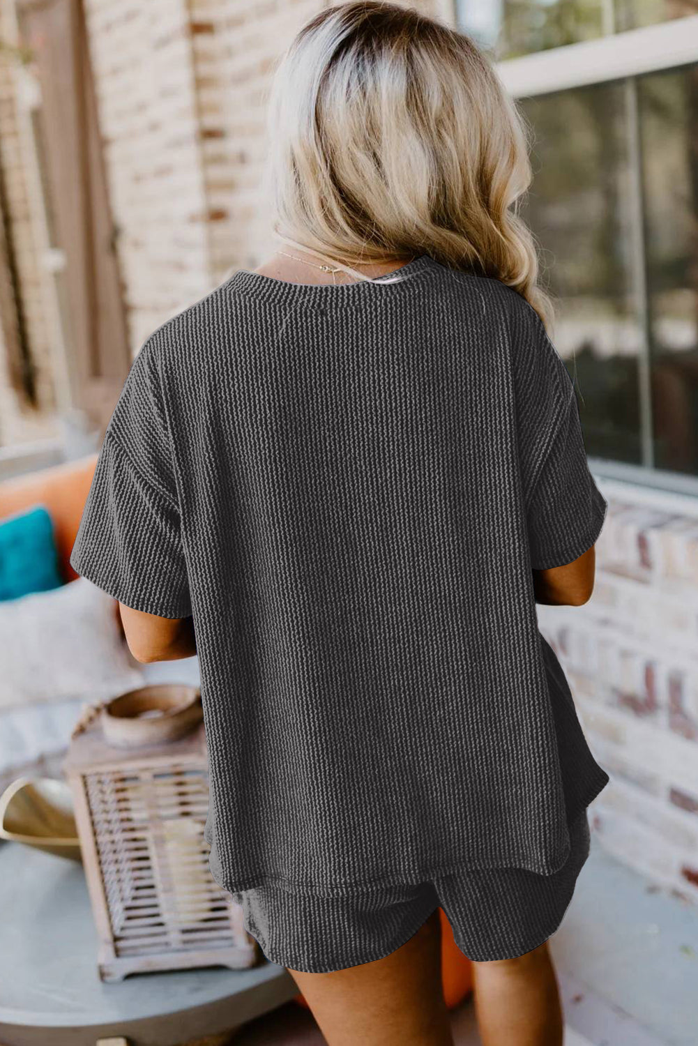 Orange Ribbed Textured Loose Fit Tee & Shorts Set