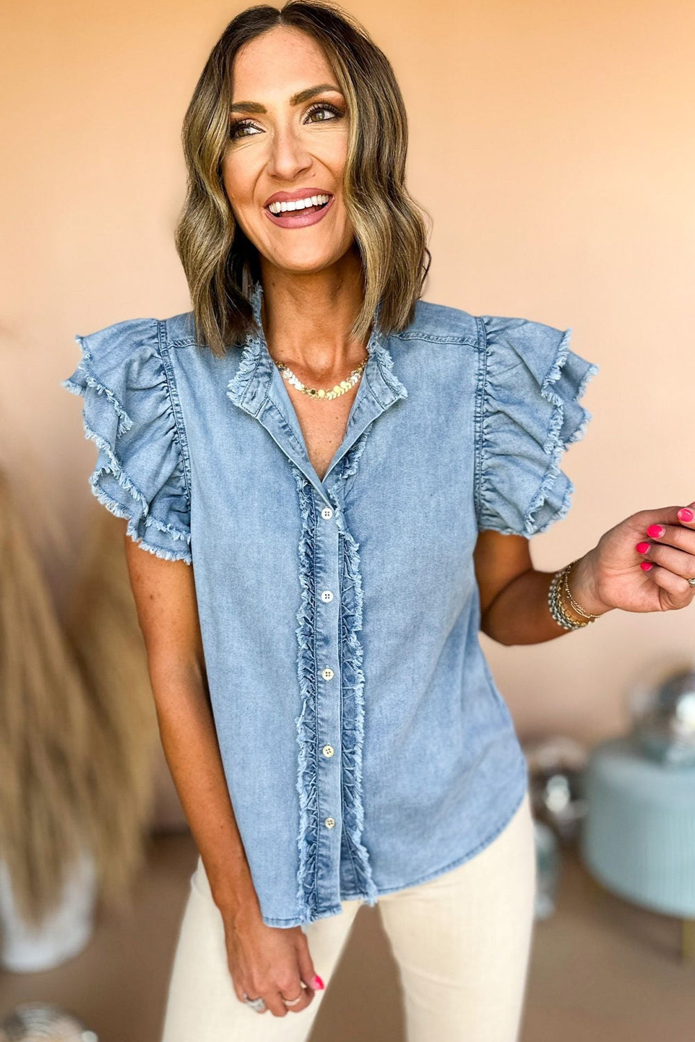 Totally Feeling Blue Ruffled Flutter Frayed Denim Top