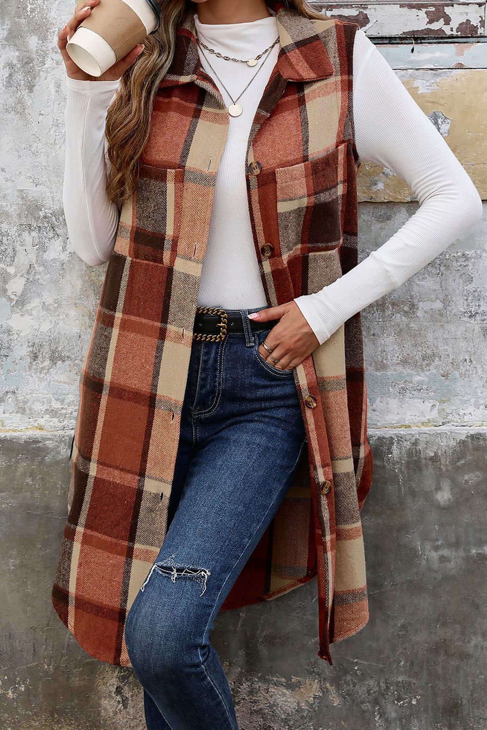 Cinnamon Mid Length Sleeveless Plaid Vest Jacket