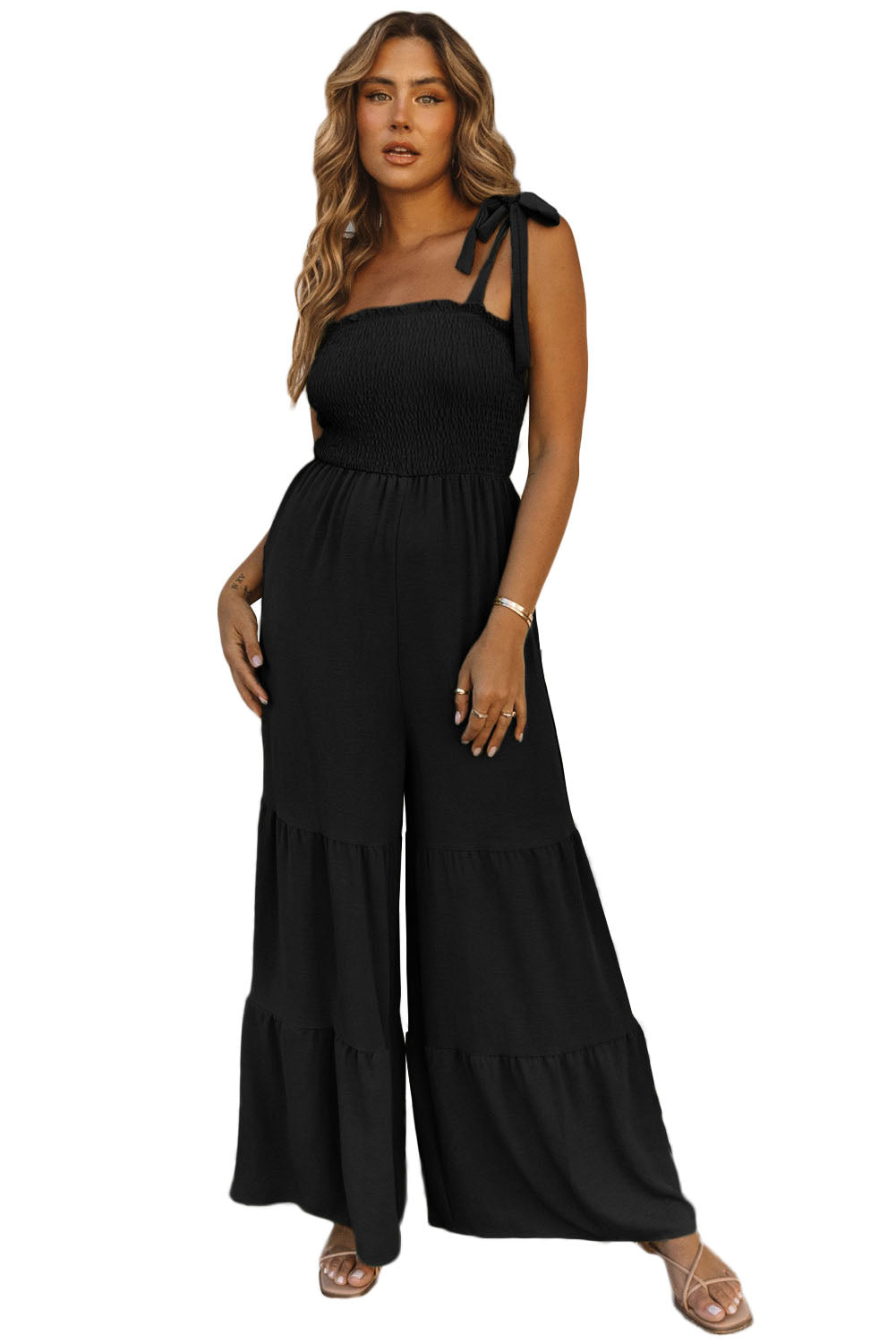 Green Tie Straps Shirred Casual Tiered Wide Leg Jumpsuit