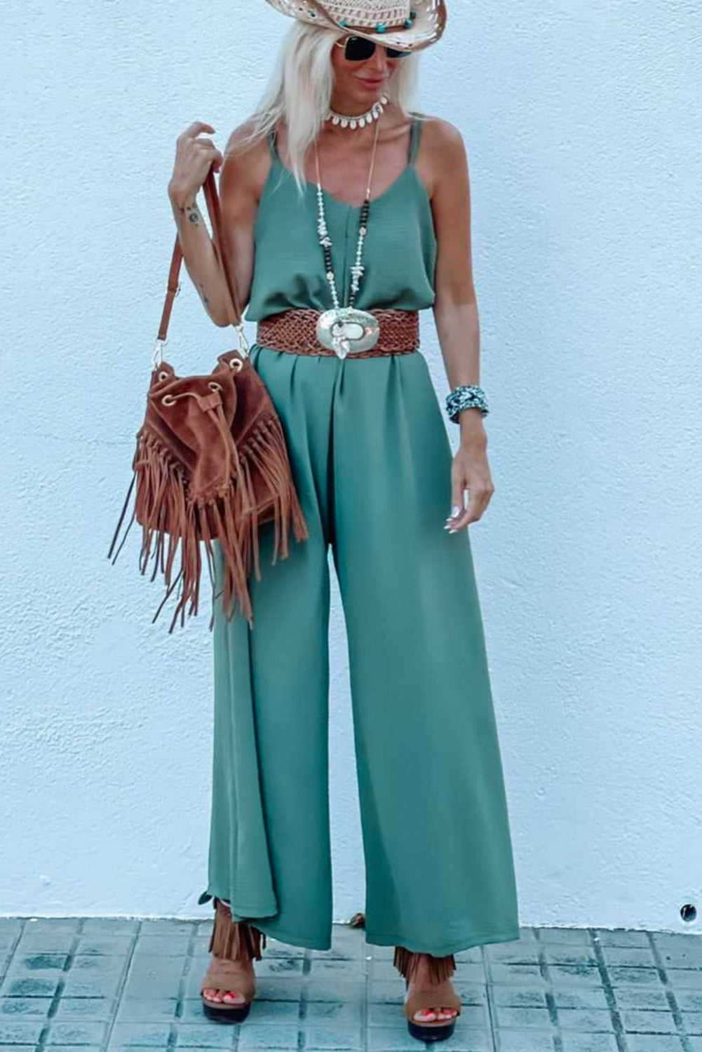 V Neck Sleeveless Wide Leg Jumpsuit