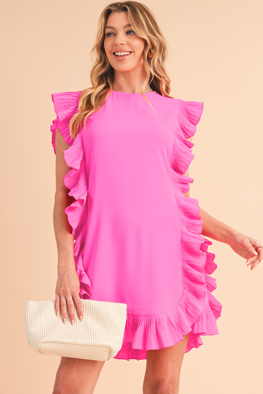 Bright Pink Ruffle Trim Short Sleeve Mini Dress