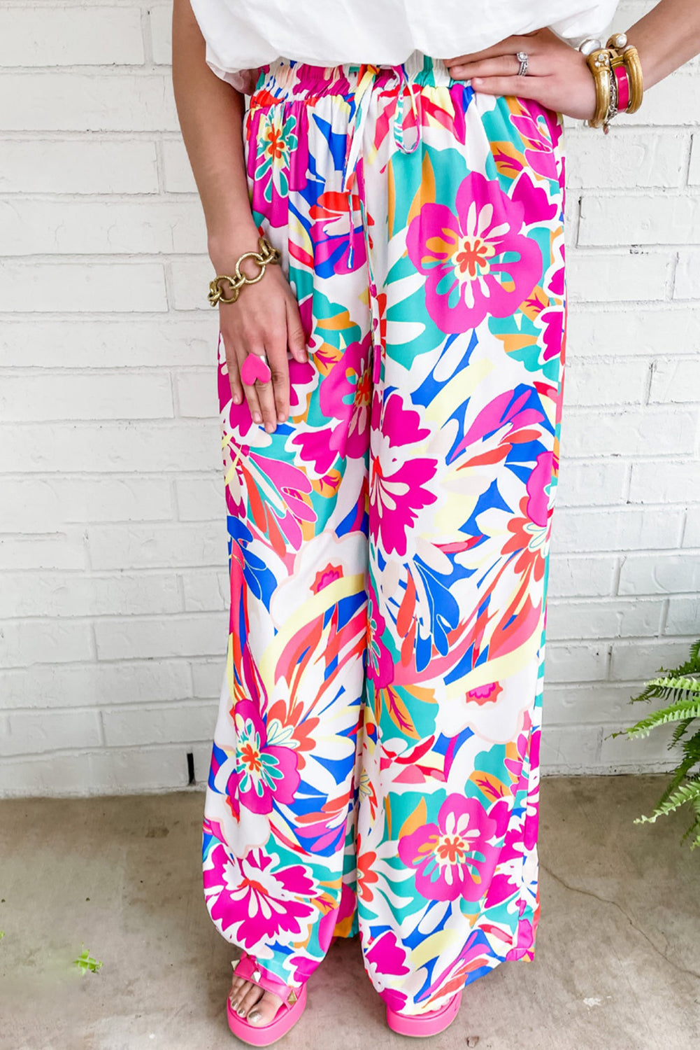 Rose Red Boho Floral Print Loose Wide Leg Pants