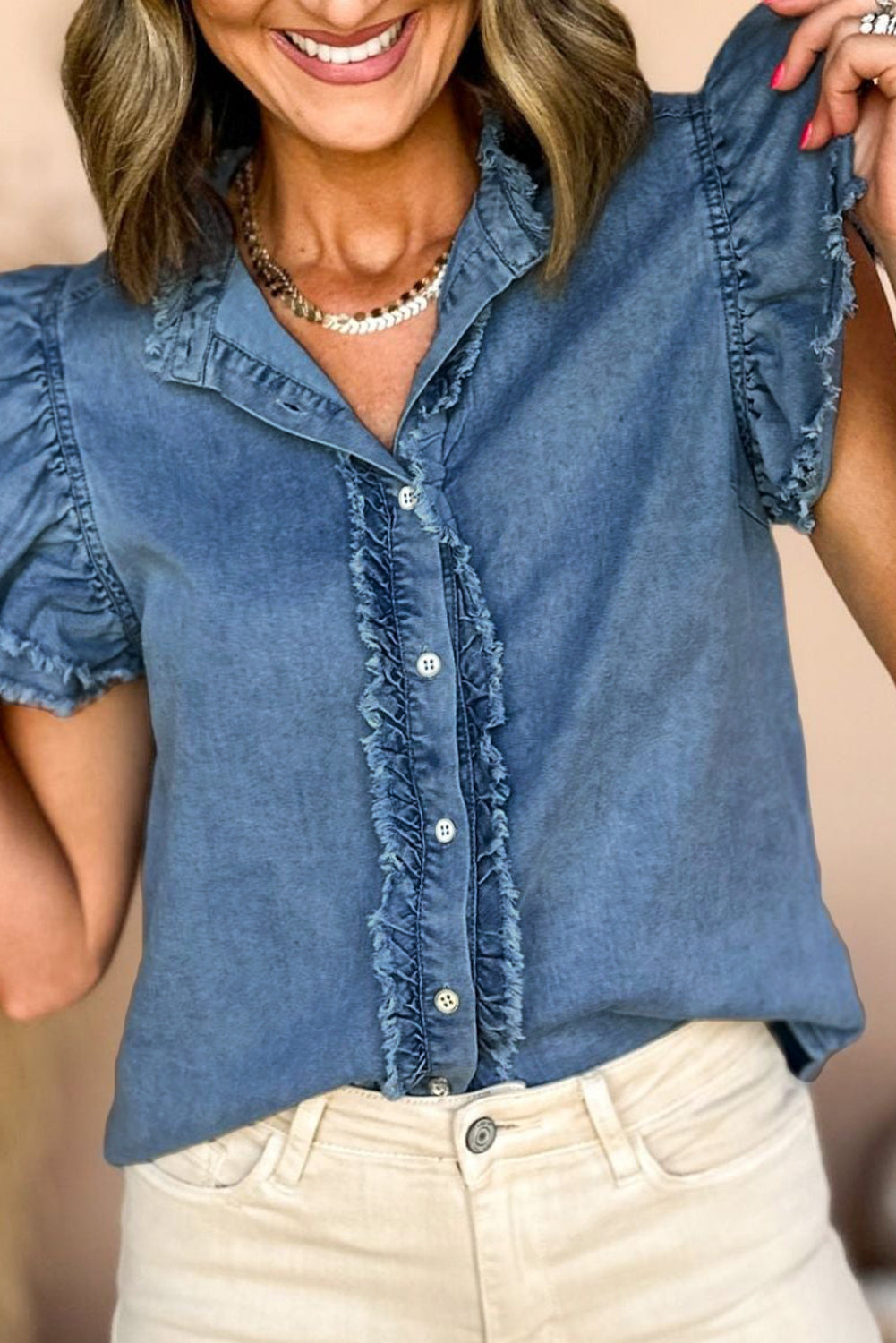 Totally Feeling Blue Ruffled Flutter Frayed Denim Top