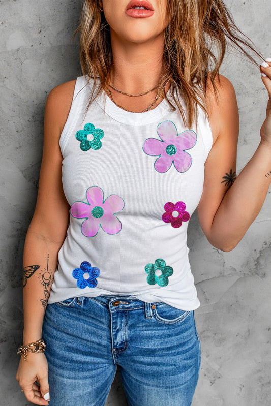 Ribbed 60s Vintage Flower Graphic Round Neck Tank Top