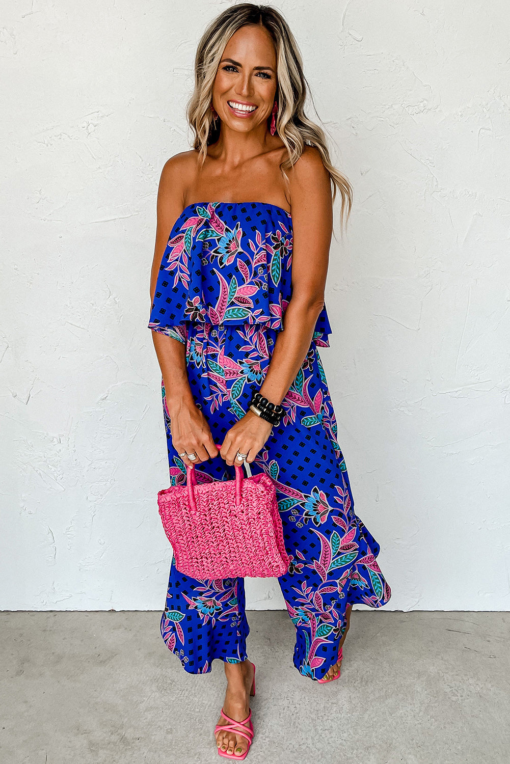 Tropical Print Strapless Ruffle Jumpsuit