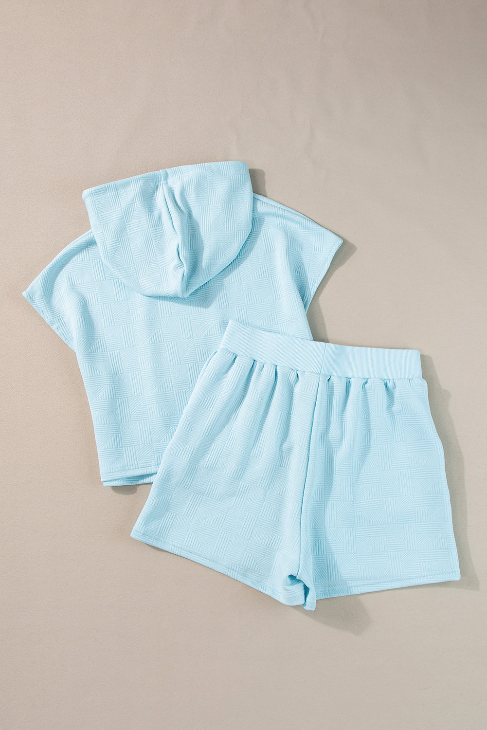 Beau Blue Textured Cropped Drawstring Hoodie and Shorts Set
