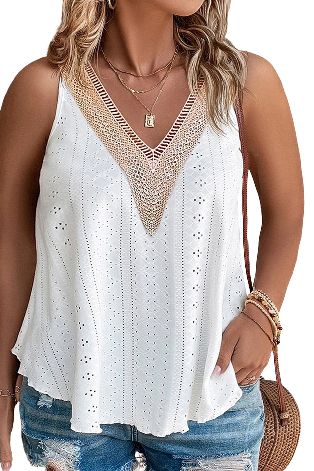 White Plus Size Guipure V Neck Eyelet Lace Tank Top