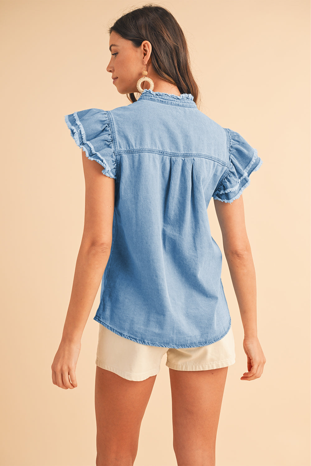 Totally Feeling Blue Ruffled Flutter Frayed Denim Top