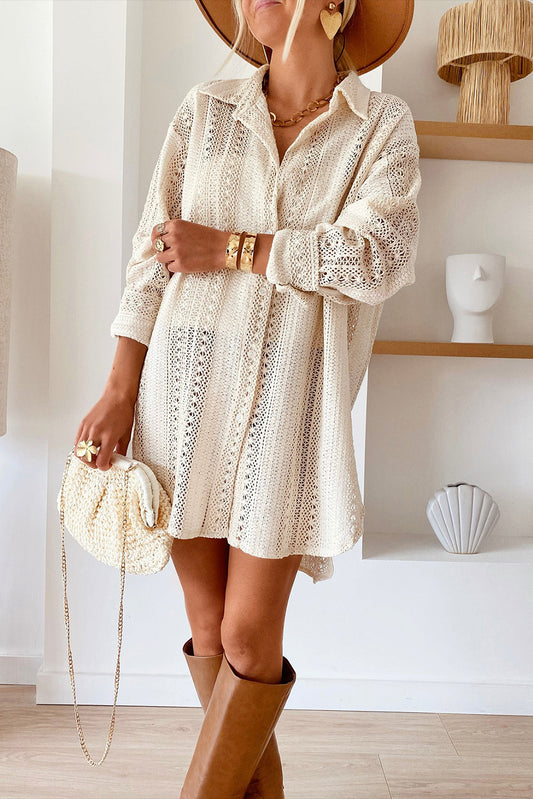 Beige Lace Crochet Collared Button Up Oversized Shirt