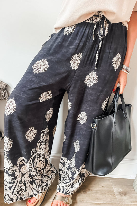 Bohemian Print Drawstring Waist Wide Leg Pants