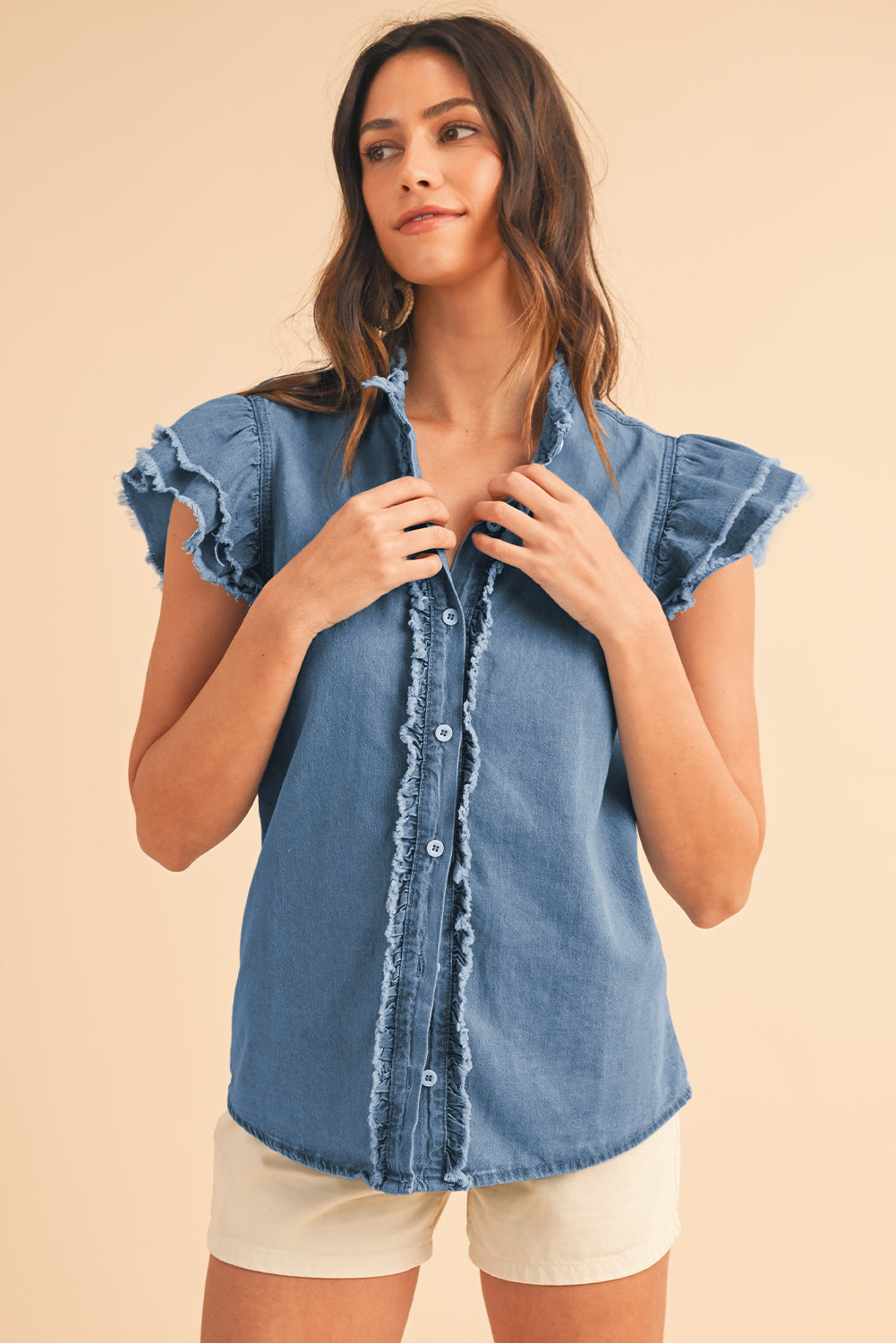 Totally Feeling Blue Ruffled Flutter Frayed Denim Top