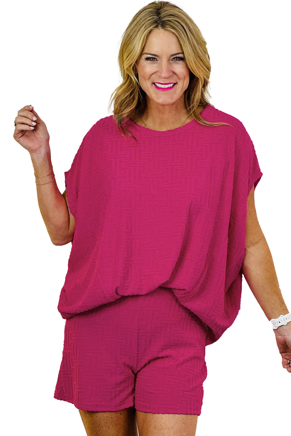 Rose Red Plus Size Textured Dolman Sleeve Top and Shorts Set