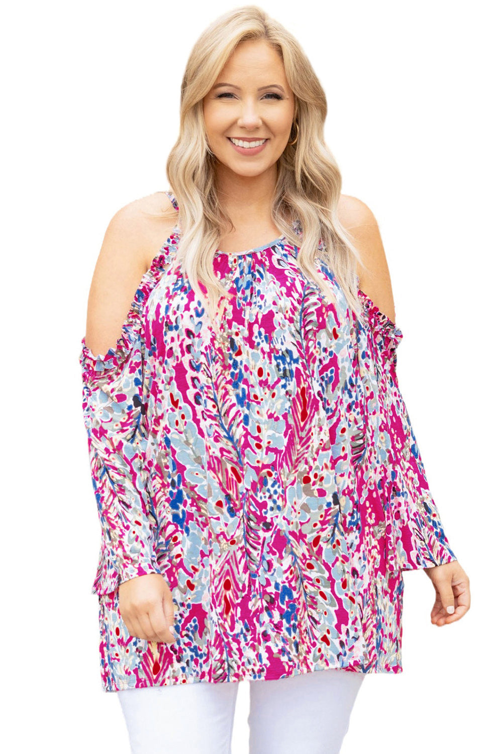 Pink Abstract Print Boho Cold Shoulder Plus Size Top