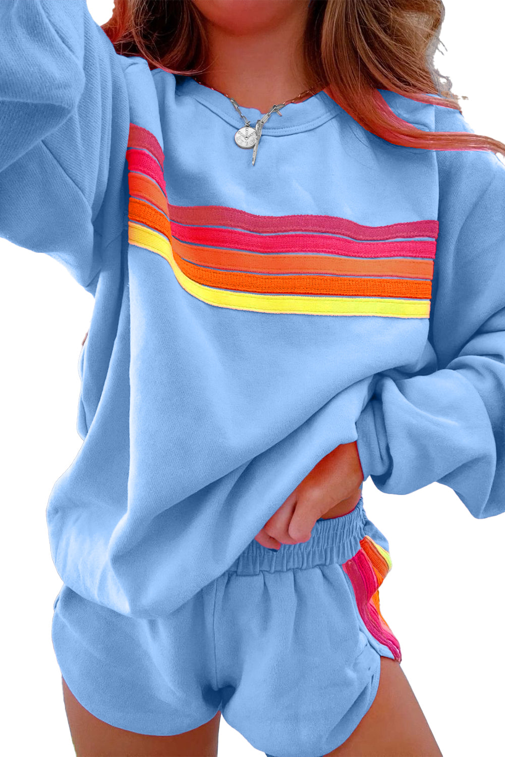 Bonbon Colorful Striped Long Sleeve Pullover and Shorts Set