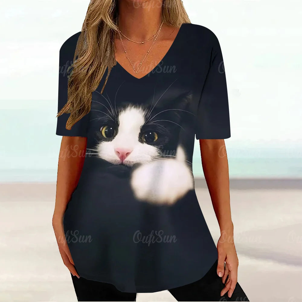 Kawaii Cat Graphic T Shirt For Women Painting Print Harajuku Short Sleeve Tops Summer V-Neck Pullover Female Loose Clothing Tees