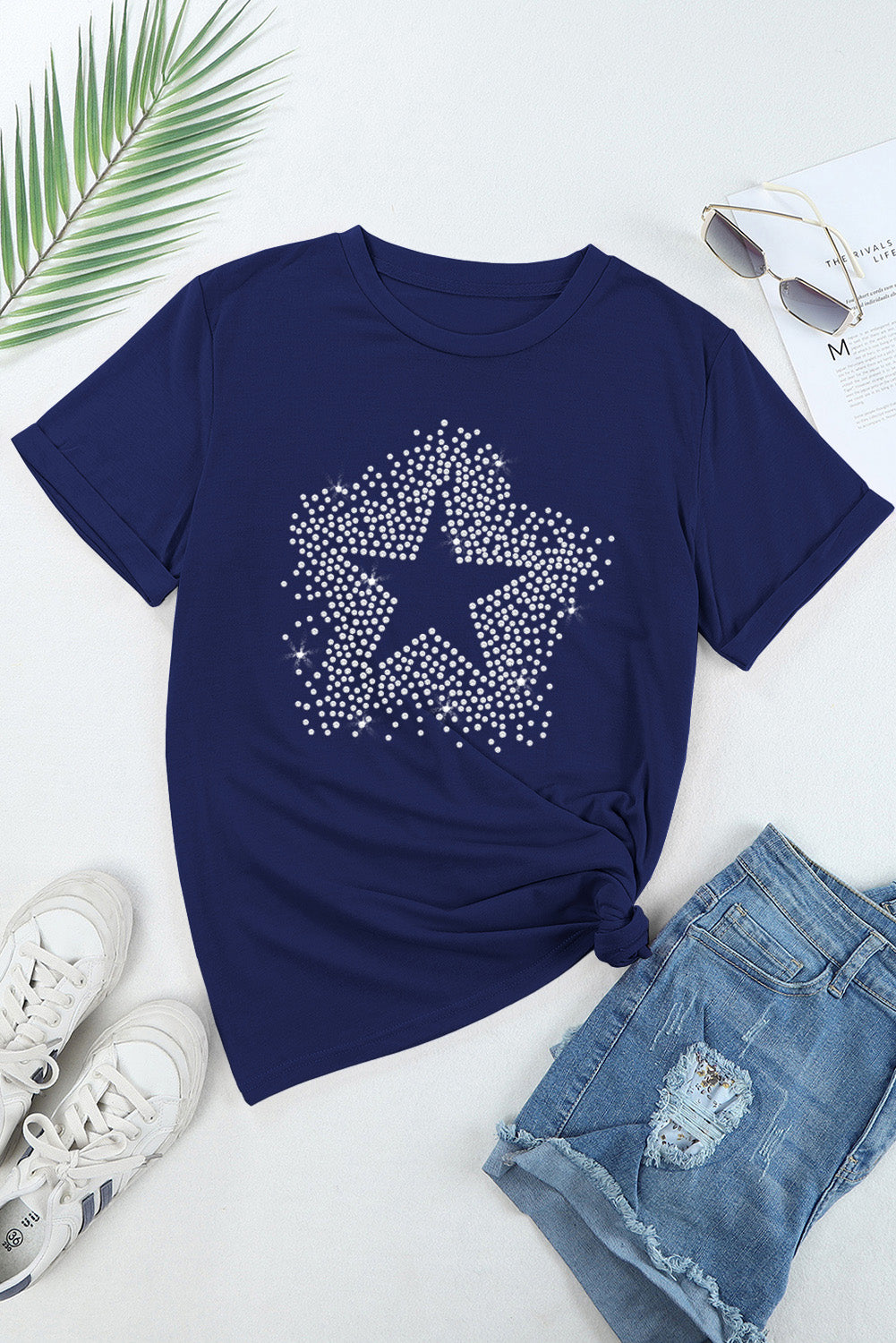 Rhinestone Star Graphic Crew Neck Tee