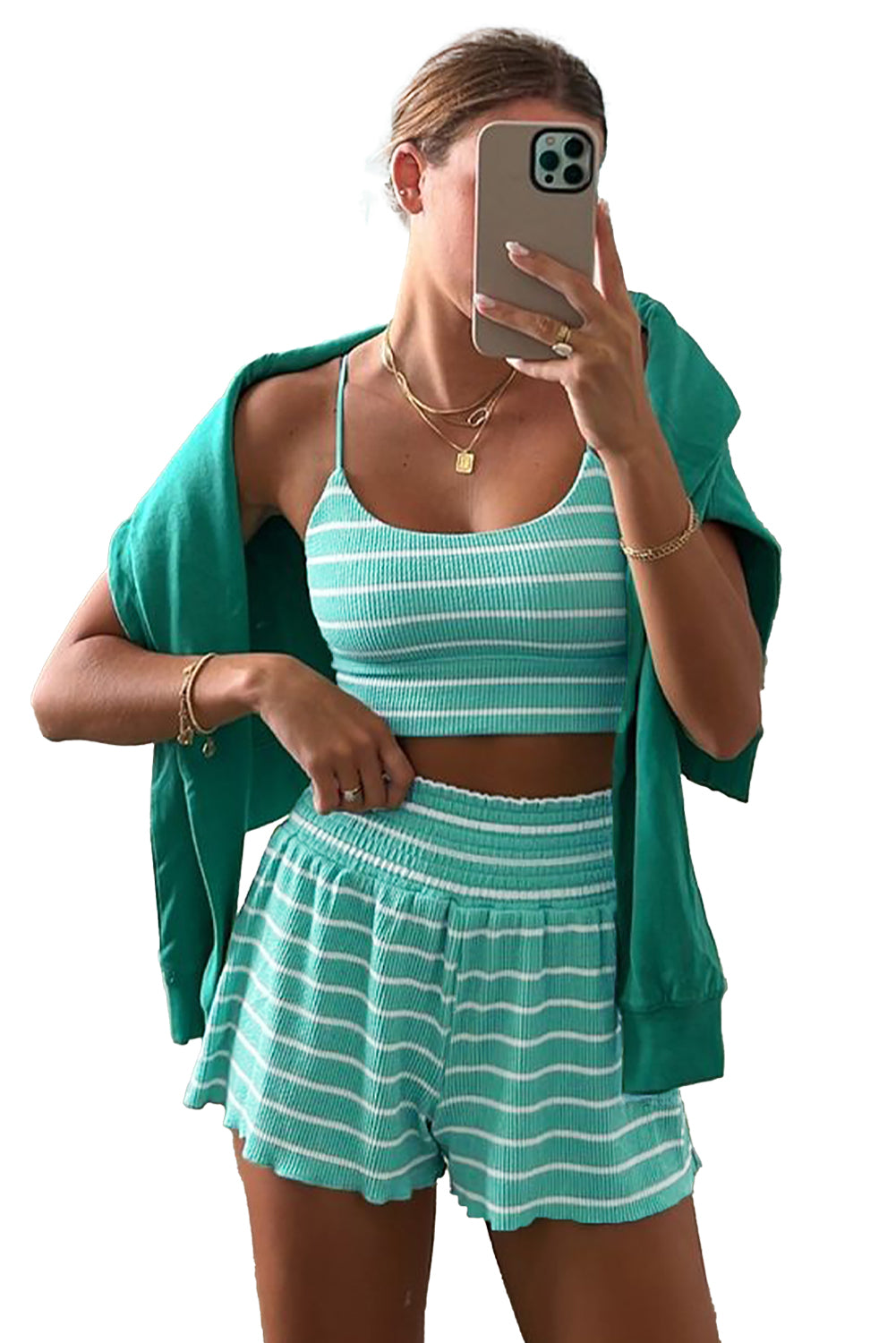 Green Stripe U Neck Crop Cami Top and Shorts Set