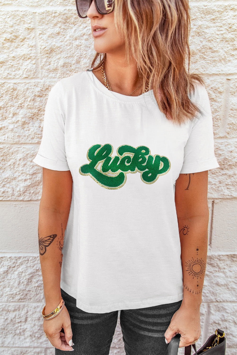 White St Patrick Lucky Chenille Glitter Patched Graphic T Shirt