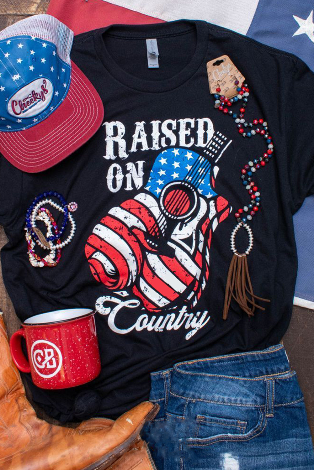 Raised On Country USA Flag Guitar Graphic Tee