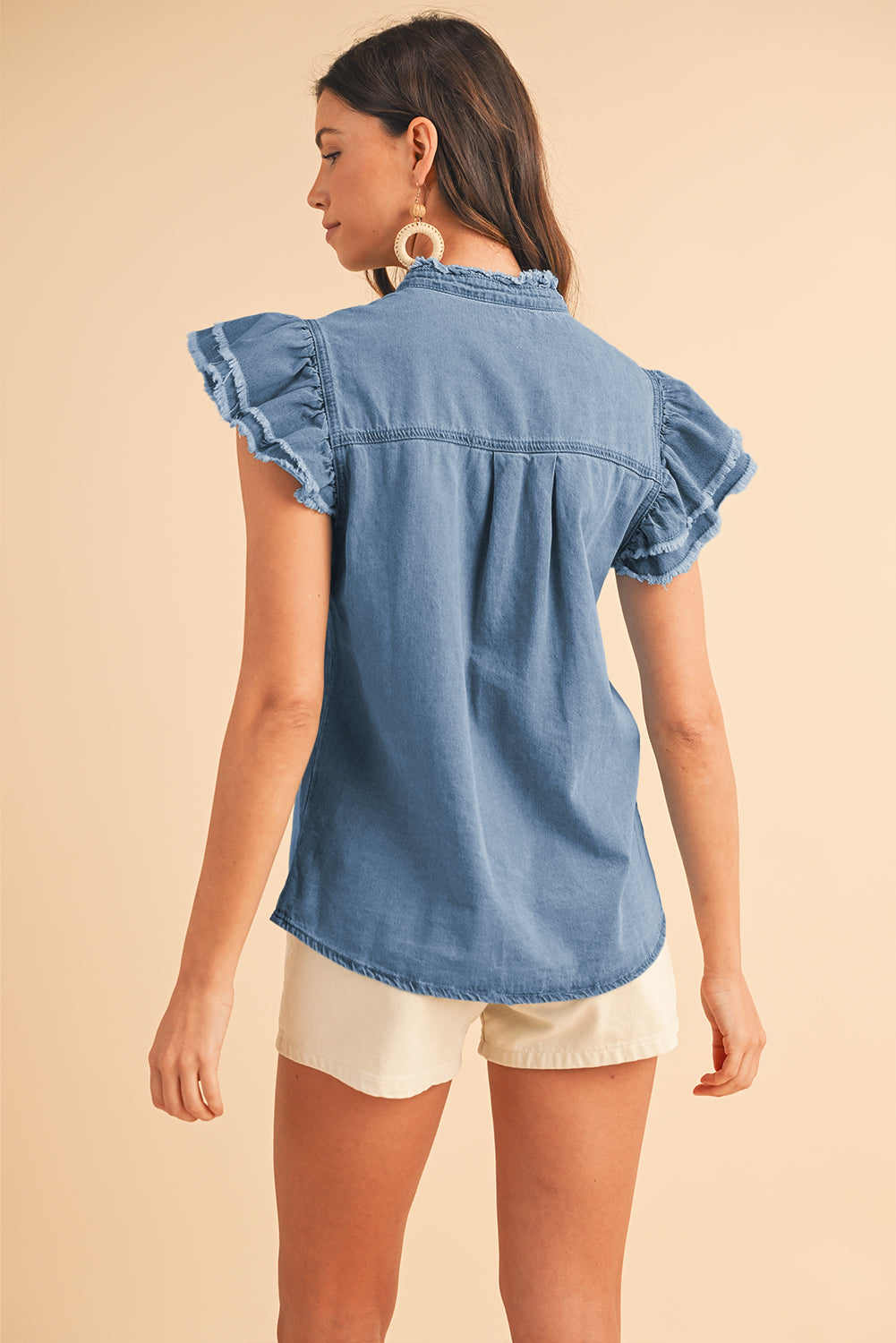 Totally Feeling Blue Ruffled Flutter Frayed Denim Top