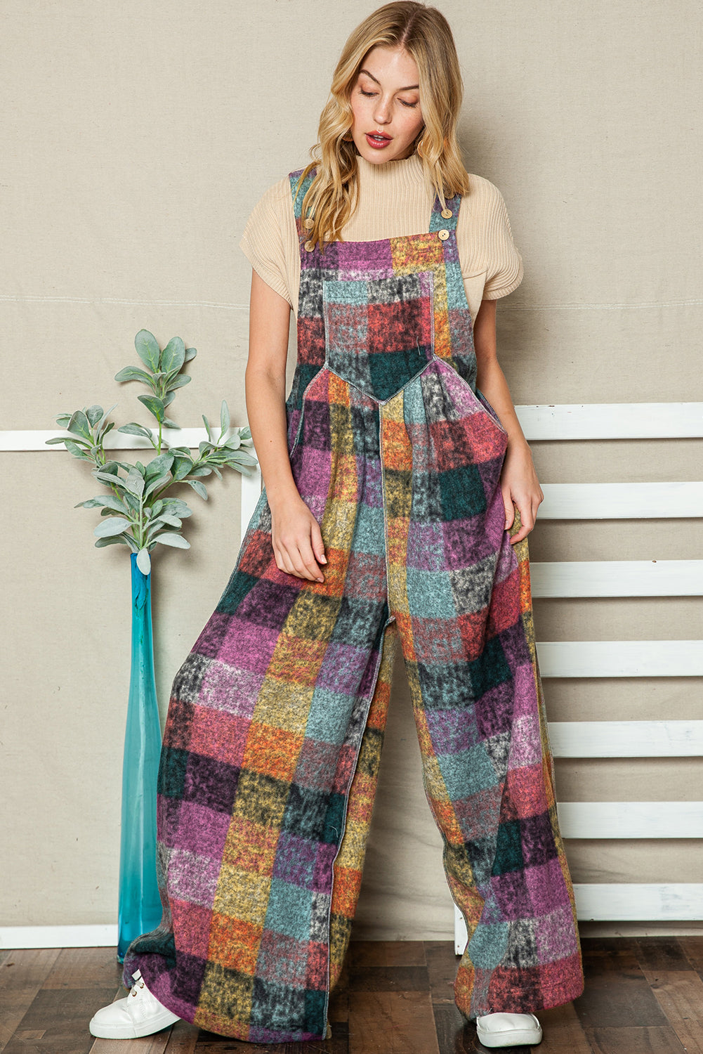 Multicolor Brushed Checked Pockets Pleated Wide Leg Overall