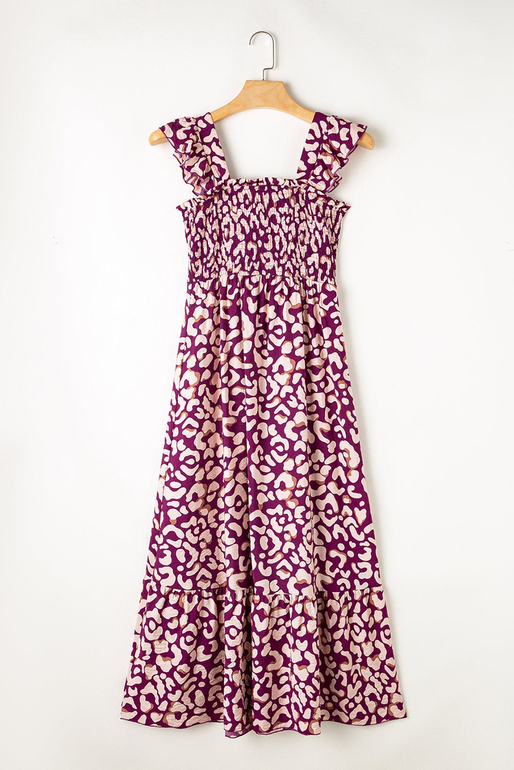 Pink Leopard Ruffle Straps Smocked High Waist Maxi Dress
