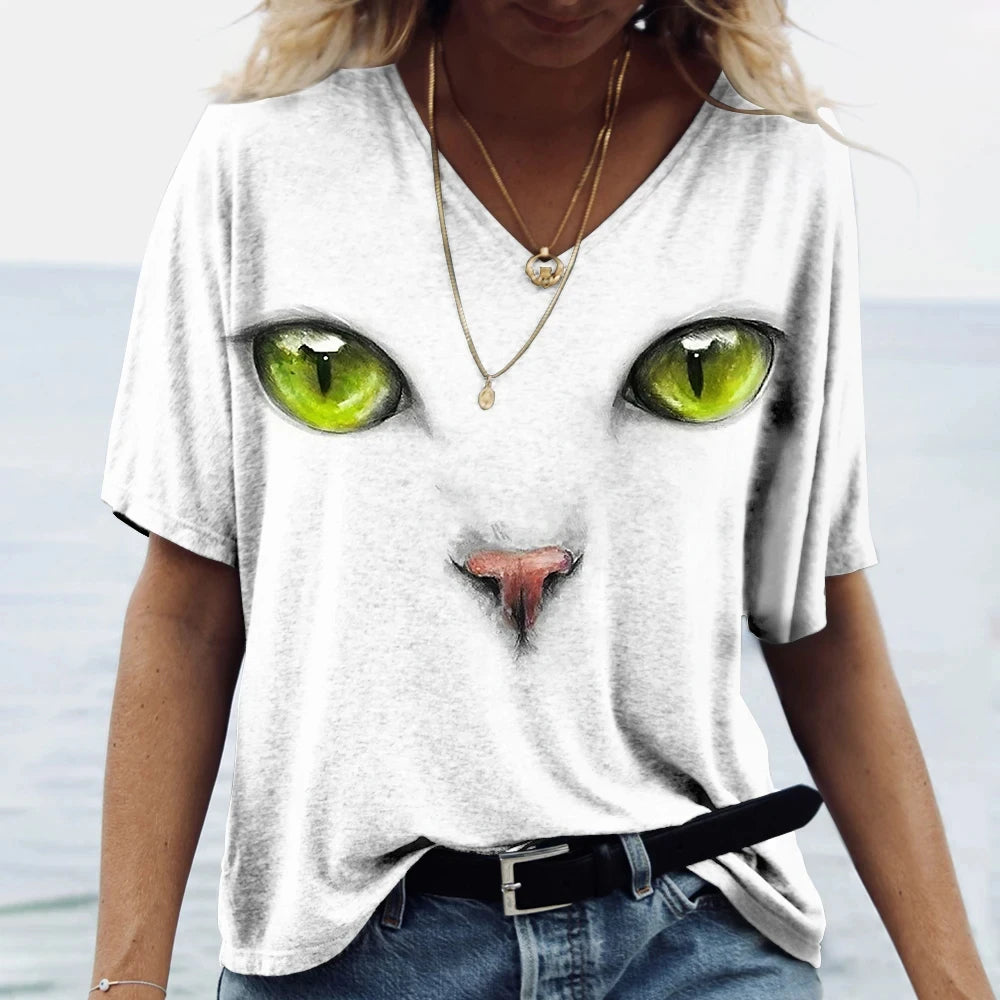 Kawaii Cat Graphic T Shirt For Women Painting Print Harajuku Short Sleeve Tops Summer V-Neck Pullover Female Loose Clothing Tees